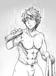 Rule 34 | 1boy, abs, collarbone, commentary request, fingernails, genderswap, genderswap (ftm), greyscale, hand up, holding, hong meiling, koyubi (littlefinger1988), looking to the side, male focus, monochrome, muscular, parted lips, pectorals, short hair, solo, stomach, topless male, touhou, towel, underwear, underwear only