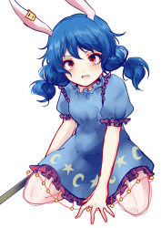 Rule 34 | 1girl, animal ears, blue hair, blush, rabbit ears, dress, earclip, highres, open mouth, puffy short sleeves, puffy sleeves, red eyes, seiran (touhou), short sleeves, short twintails, simple background, solo, touhou, twintails, uranaishi (miraura), white background