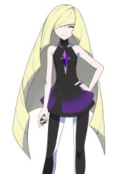 Rule 34 | 1girl, alternate color, asatsuki (fgfff), bare shoulders, black dress, blonde hair, closed eyes, creatures (company), dress, game freak, gradient dress, hair over one eye, hand on own hip, highres, holding, holding poke ball, long hair, looking at viewer, lusamine (pokemon), nintendo, poke ball, poke ball (basic), pokemon, pokemon masters ex, simple background, smile, solo, tachi-e, ultra ball, very long hair, white background