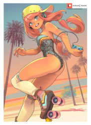 1girl, backwards hat, bangs, baseball cap, blue eyes, blue swimsuit, breasts, cable, cassette player, commentary, day, english commentary, fingernails, floral print, freckles, hat, headphones, highleg, highleg swimsuit, listening to music, long hair, low twintails, making-of available, one-piece swimsuit, open mouth, original, outdoors, over-kneehighs, palm tree, pink hair, print swimsuit, roller skates, skates, small breasts, solo, spaghetti strap, strap gap, swimsuit, tan, thighhighs, thighs, tree, twintails, twisted torso, upper teeth, vaporwave, walkman, white legwear, xavier houssin, yellow headwear
