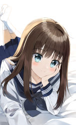 Rule 34 | 1girl, absurdres, bed sheet, black neckerchief, blue eyes, blue sailor collar, blue skirt, blush, brown hair, closed mouth, commentary request, hand up, highres, long sleeves, looking at viewer, lying, neckerchief, no shoes, on stomach, original, pentagon (railgun ky1206), pleated skirt, sailor collar, shirt, skirt, smile, socks, soles, solo, white background, white shirt, white socks