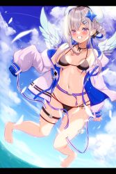 Rule 34 | 1girl, amane kanata, amane kanata (work), angel, bikini, blue hair, blush, breasts, colored inner hair, cotolet33, feathered wings, grey jacket, grin, hair ornament, hairclip, halo, hat, highres, hololive, jacket, legs, looking at viewer, medium breasts, multicolored hair, neck ribbon, purple eyes, ribbon, silver hair, single hair intake, sleeves past wrists, smile, star halo, swimsuit, teeth, thigh strap, virtual youtuber, white wings, wide sleeves, wings