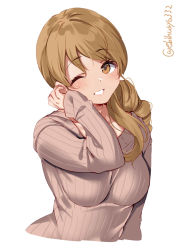 Rule 34 | 1girl, blush, breasts, brown eyes, brown sweater, ebifurya, highres, kantai collection, littorio (kancolle), long hair, long sleeves, looking at viewer, medium breasts, one eye closed, parted lips, simple background, solo, sweater, twitter username, upper body, white background