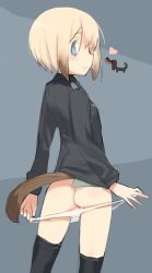 Rule 34 | 1girl, animal, animal ears, ass, black thighhighs, blonde hair, blue eyes, dachshund, dog, erica hartmann, flat ass, from behind, grey background, heart, jacket, light smile, looking back, military, military uniform, panties, panty pull, profile, shimada fumikane, short hair, simple background, smile, solo, strike witches, tail, thighhighs, underwear, undressing, uniform, white panties, world witches series, zettai ryouiki