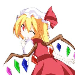 Rule 34 | 1girl, :q, ;q, acchii (akina), akina873, blonde hair, female focus, finger to mouth, flandre scarlet, from behind, hat, hat ribbon, looking at viewer, looking back, one eye closed, open hand, outstretched arm, red eyes, ribbon, short hair, short sleeves, side ponytail, skirt, solo, tongue, tongue out, touhou, transparent background, vest, wings, wink