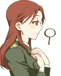 Rule 34 | 1girl, blush, brown eyes, brown hair, hands on own chest, long hair, military, military uniform, minna-dietlinde wilcke, mitsuki meia, profile, simple background, solo, strike witches, uniform, white background, world witches series