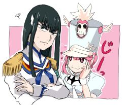 black_hair blue_eyes blush conductor_baton epaulettes hat heart heart-shaped_pupils hime_cut jakuzure_nonon kill_la_kill kiryuuin_satsuki long_hair long_sleeves looking_at_another looking_at_viewer moti_sirann3 pink_eyes pink_hair shako_cap sweatdrop symbol-shaped_pupils thick_eyebrows translation_request yuri