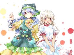 Rule 34 | 2girls, apron, blonde hair, blue hair, bow, commentary request, cowboy shot, dress, earlobes, ebisu eika, fingernails, flower, frilled sleeves, frills, green apron, green bow, green headwear, hand up, haniyasushin keiki, head scarf, jewelry, long earlobes, long hair, looking at viewer, magatama, magatama necklace, multiple girls, necklace, open mouth, own hands together, puffy short sleeves, puffy sleeves, purple eyes, red eyes, shirt, short sleeves, skirt, smile, sora utsuro (ameya), tools, touhou, white background, white shirt, white skirt, yellow dress