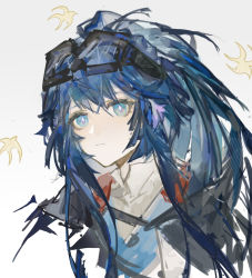 Rule 34 | 1girl, arknights, astgenne (arknights), blue eyes, blue hair, diamond-shaped pupils, diamond (shape), goggles, goggles on head, grey background, highres, l934 (pokeweed-l), long hair, looking at viewer, portrait, shirt, sidelocks, simple background, sketch, solo, symbol-shaped pupils, white shirt