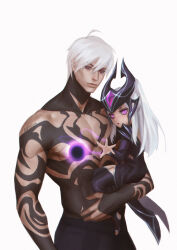 Rule 34 | 1boy, 1girl, absurdres, aged down, ahoge, armor, artist name, ball, black armor, black dress, black headwear, black pants, black thighhighs, carrying, carrying person, child, closed mouth, dress, highres, league of legends, magic, no armor, no headwear, pants, pink eyes, piscina, short hair, simple background, syndra, tattoo, thighhighs, white background, white hair, zed (league of legends)