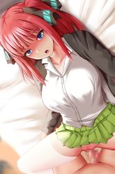 Rule 34 | 1boy, 1girl, black jacket, blazer, blouse, blue eyes, blush, breasts, censored, collared shirt, ginhaha, go-toubun no hanayome, green eyes, hetero, highres, jacket, large breasts, long hair, looking at another, lying, missionary, mosaic censoring, nakano nino, no panties, nose blush, on back, open clothes, open jacket, open mouth, penis, pussy, red hair, school uniform, sex, shirt, sidelocks, skirt, solo focus, teeth, thighhighs, thighs, two side up, upper teeth only, vaginal, white shirt, white thighhighs