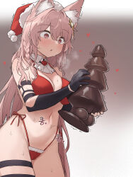 Rule 34 | 1girl, absurdres, animal ear fluff, animal ears, arknights, bikini, black gloves, blush, braid, breasts, christmas, christmas tree, cleavage, cowboy shot, dildo, elbow gloves, gloves, groin, hair between eyes, hair ornament, hat, heart, highres, holding, holding sex toy, large breasts, manglifer, navel, paid reward available, pink eyes, pink hair, pozyomka (arknights), red bikini, santa bikini, santa hat, sex toy, simple background, solo, swimsuit, wolf ears, wolf girl