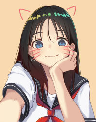 Rule 34 | 1girl, black collar, black hair, blue eyes, blush, brown hair, closed mouth, collar, commentary, drawn ears, drawn whiskers, earrings, eyebrows hidden by hair, face filter, gradient hair, hand on own chin, hand up, head rest, highres, itachi kanade, jewelry, long hair, looking at viewer, multicolored hair, neckerchief, original, outstretched arm, red neckerchief, sailor collar, school uniform, selfie, serafuku, shirt, simple background, smile, solo, upper body, white shirt, yellow background