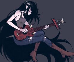 Rule 34 | 1girl, adventure time, artist name, black hair, boots, breasts, brown footwear, closed eyes, closed mouth, collarbone, denim, guitar, holding, holding instrument, instrument, jeans, knee boots, long hair, marceline abadeer, medium breasts, megrocks, music, pale skin, pants, playing instrument, pointy ears, simple background, solo, tank top, torn clothes, torn pants, very long hair