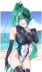 Rule 34 | 1girl, breasts, competition swimsuit, covered navel, elbow gloves, gloves, green eyes, green hair, hair ornament, high ponytail, highleg, highleg swimsuit, highres, impossible clothes, impossible swimsuit, large breasts, long hair, looking at viewer, matrix16, multicolored clothes, multicolored swimsuit, one-piece swimsuit, open mouth, pneuma (xenoblade), skin tight, smile, solo, swimsuit, thigh strap, thighhighs, very long hair, xenoblade chronicles (series), xenoblade chronicles 2
