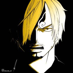 Rule 34 | 1boy, aboude art, artist name, blonde hair, commentary, curly eyebrows, facial hair, goatee, hair over one eye, instagram logo, instagram username, limited palette, looking at viewer, male focus, one eye covered, one piece, open mouth, sanji (one piece), short hair, signature, solo, teeth