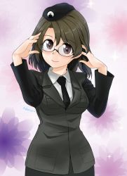 Rule 34 | 1girl, abimaru gup, adjusting eyewear, beret, black-framed eyewear, black eyes, black hat, black jacket, black necktie, brown hair, closed mouth, commentary request, dress shirt, emblem, extra, floral background, girls und panzer, glasses, hat, highres, jacket, japanese tankery league (emblem), long sleeves, looking at viewer, medium hair, military, military hat, military uniform, necktie, partial commentary, purple background, selection university military uniform, shirt, smile, solo, twitter username, uniform, upper body, white shirt