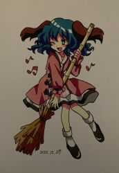 Rule 34 | 1girl, animal ears, beamed eighth notes, black footwear, blush, broom, dated, dog ears, dress, eighth note, full body, furiba 794, green eyes, green hair, highres, holding, holding broom, kasodani kyouko, long sleeves, musical note, one eye closed, open mouth, pink dress, shoes, short hair, smile, socks, solo, touhou, white socks