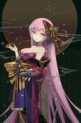 Rule 34 | 1girl, alternate costume, bare shoulders, black bow, blue eyes, bow, breasts, brown bow, cleavage, collarbone, commentary request, cup, female focus, hair between eyes, hair bow, hair ornament, half-closed eyes, hand up, holding, holding smoking pipe, japanese clothes, kimono, kiseru, large breasts, long hair, megurine luka, neck, off shoulder, pink hair, print kimono, red kimono, sakazuki, shadowsinking, smoke, smoking pipe, solo, standing, strapless, striped, striped bow, very long hair, vocaloid