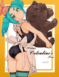Rule 34 | 1girl, aioi u, apron, arched back, ass, bare arms, bare shoulders, black one-piece swimsuit, blue hair, chocolate, closed mouth, frown, green eyes, happy valentine, highres, monogatari (series), one-piece swimsuit, ononoki yotsugi, outline, short hair, solo, striped clothes, striped thighhighs, swimsuit, thick eyebrows, thighhighs, thighs, twintails, valentine, white apron, white outline