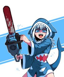 Rule 34 | 1girl, :d, animal hood, blood, blood on face, blue background, blue eyes, blue hair, blue hoodie, chainsaw, commentary request, cowboy shot, fins, fish tail, formicid, gawr gura, gawr gura (1st costume), hand up, highres, holding, holding chainsaw, hololive, hololive english, hood, hood up, hoodie, jaggy lines, korean commentary, legs apart, long hair, long sleeves, looking at viewer, mixed-language commentary, multicolored hair, no pants, open mouth, outline, pocket, shaded face, shark hood, shark tail, sharp teeth, slit pupils, smile, solo, streaked hair, tail, teeth, two-handed, upper teeth only, v-shaped eyebrows, virtual youtuber, white background, wide-eyed, wide sleeves