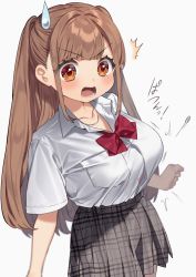 Rule 34 | 1girl, ^^^, bow, bowtie, breasts, brown eyes, brown hair, button gap, buttons, collarbone, commentary request, grey skirt, highres, jewelry, kodama (sakura yuki), large breasts, long hair, looking down, necklace, open mouth, original, plaid, plaid skirt, red bow, red bowtie, sakura yuki (clochette), shirt, short sleeves, simple background, skirt, solo, white background, white shirt