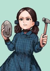 Rule 34 | 1girl, absurdres, black eyes, black hair, black ribbon, blue dress, chanta (ayatakaoisii), collared dress, copyright request, dress, green background, hair ribbon, hammer, highres, holding, holding hammer, holding rock, long sleeves, parted lips, plaid, plaid dress, ribbon, rock, simple background, smile, solo, twintails