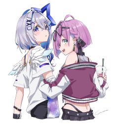 Rule 34 | 2girls, absurdres, ahoge, amane kanata, amane kanata (punk rock), angel wings, arm hug, arm warmers, bare shoulders, black choker, black ribbon, black shorts, blue hair, blue wings, blush, braid, choker, colored inner hair, commentary, cropped legs, crossed bangs, cup, disposable cup, double-parted bangs, drinking straw, eyewear on head, feathered wings, french braid, from behind, glasses, gradient wings, green eyes, grey hair, hair between eyes, hair intakes, hair ornament, hair ribbon, hairclip, halo, hands up, heart, heart-shaped eyewear, heterochromia, highres, himemori luna, himemori luna (streetwear), holding, holding cup, hololive, jacket, letterman jacket, long sleeves, looking at viewer, looking back, medium hair, midriff, mini wings, multicolored hair, multicolored wings, multiple girls, off shoulder, official alternate costume, official alternate hair length, official alternate hairstyle, open mouth, parted lips, pink hair, purple eyes, red jacket, ribbon, shirt, short hair, short sleeves, shorts, signature, simple background, single arm warmer, smile, star halo, streaked hair, t-shirt, teeth, upper teeth only, virtual youtuber, white background, white shirt, white wings, wings, x hair ornament, yo na