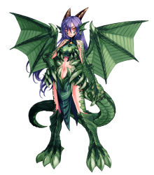 Rule 34 | 1girl, animal ears, animal hands, body jewelry, claws, dragon, dragon (monster girl encyclopedia), dragon girl, gem, hand on own hip, horns, jewelry, kenkou cross, loincloth, long hair, looking at viewer, midriff, monster girl, monster girl encyclopedia, navel, purple hair, scales, simple background, solo, standing, tail, white background, wings, yellow eyes