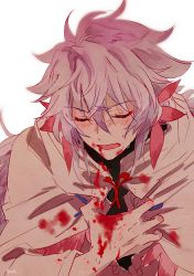 Rule 34 | 1boy, ahoge, bishounen, bleeding, blood, blood on clothes, blood on face, center frills, closed eyes, eyebrows, fate/grand order, fate (series), flower knot, frills, hair between eyes, hair ornament, hand on own chest, heeparang, hood, hood down, hooded robe, long hair, long sleeves, male focus, merlin (fate), multicolored hair, pink ribbon, purple eyes, ribbon, robe, signature, simple background, solo, sweat, tassel, turtleneck, two-tone hair, very long hair, white background, white hair, white robe, wide sleeves