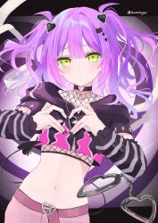 Rule 34 | 1girl, alternate costume, alternate hairstyle, auatuyoi, belt, black nails, choker, closed mouth, crying, crying with eyes open, demon tail, detached sleeves, earrings, fishnet top, fishnets, frown, green eyes, hair ornament, heart, heart-shaped pupils, heart hands, heart o-ring, highres, hololive, jewelry, long hair, looking at viewer, midriff, multicolored hair, nail polish, navel, o-ring, o-ring choker, pants, piercing, pink hair, pink pants, purple hair, short twintails, single earring, solo, streaked hair, symbol-shaped pupils, tail, tail ornament, tail piercing, tears, tokoyami towa, twintails, virtual youtuber