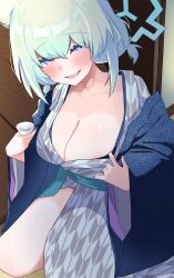 Rule 34 | 1girl, absurdres, animal ears, bath yukata, blue archive, blush, breasts, cleavage, collarbone, cup, green hair, hahanaruhaiji, halo, hanten (clothes), highres, holding, holding cup, japanese clothes, kimono, kimono pull, large breasts, looking at viewer, official alternate costume, pulling own clothes, shigure (blue archive), shigure (hot spring) (blue archive), short twintails, smile, solo, sweat, twintails, weasel ears, yukata