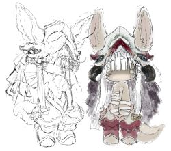 Rule 34 | 1other, animal ears, bandaged arm, bandages, blunt bangs, closed mouth, helmet, highres, looking at viewer, made in abyss, multiple views, nanachi (made in abyss), one eye closed, other focus, simple background, tail, whiskers, white background, white hair, x3tamago