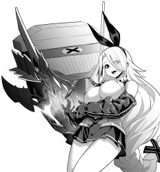 Rule 34 | 1girl, absurdly long hair, azur lane, bare shoulders, blush, breasts, crop top, eyes visible through hair, greyscale, hair over one eye, hairband, high-waist skirt, highres, hori (hori no su), large breasts, long hair, long sleeves, looking at viewer, mole, mole under eye, monochrome, open mouth, prinz heinrich (azur lane), ribbed shirt, shirt, simple background, skirt, smile, solo, underboob, very long hair, white background
