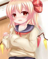 Rule 34 | 1girl, alternate costume, bad id, bad pixiv id, baggy clothes, blonde hair, blue skirt, blush, collarbone, cowboy shot, embarrassed, eriru (remonn09), flandre scarlet, flying sweatdrops, hair ribbon, indoors, looking at viewer, neckerchief, open mouth, red eyes, red neckerchief, ribbon, sailor collar, school uniform, short hair, side ponytail, skirt, sleeves past wrists, solo, sweater, touhou, undershirt, wings