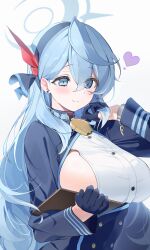 Rule 34 | 1girl, absurdres, ako (blue archive), blue archive, blue eyes, blue hair, breasts, gloves, highres, iop5509, large breasts, long hair, long sleeves, sideboob, simple background, smile, solo