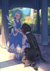 Rule 34 | 2girls, black footwear, black hair, black pants, black vest, blue dress, blue eyes, blue footwear, blue hair, blue sky, blush, breasts, brooch, building, cirno, cloud, collarbone, column, commentary request, crown, day, dress, flower, from behind, full body, gloves, hat, highres, ice, ice wings, jewelry, kiss, kissing hand, long sleeves, looking at another, multiple girls, necklace, on one knee, outdoors, pants, petticoat, pillar, pinafore dress, pink flower, puffy short sleeves, puffy sleeves, roke (taikodon), shadow, shameimaru aya, shirt, shoes, short hair, short sleeves, sky, sleeveless dress, small breasts, smile, standing, tokin hat, touhou, vest, waistcoat, white gloves, white legwear, white shirt, wings, yuri