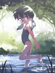 Rule 34 | 1girl, arms behind back, ass, bare shoulders, barefoot, black eyes, black hair, black one-piece swimsuit, closed mouth, day, flat chest, foliage, foot out of frame, from side, glasses, grass, hair between eyes, hair tie, highres, in water, long hair, looking at viewer, one-piece swimsuit, orenji (orenjipiiru), original, outdoors, round eyewear, smile, solo, splashing, split mouth, standing, standing on one leg, straight hair, swimsuit, tree, twintails