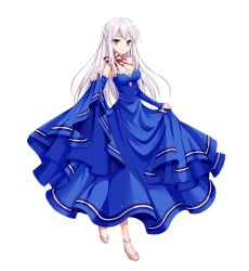 Rule 34 | 1girl, absurdres, anklet, ayamisiro, bare shoulders, blue dress, blush, bow, breasts, cleavage, closed mouth, dress, full body, grey eyes, half updo, highres, jewelry, long hair, looking at viewer, medium breasts, original, pink footwear, shoes, simple background, skirt hold, smile, solo, standing, strapless, strapless dress, striped, striped bow, white background, white hair