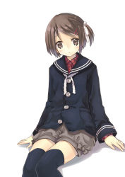 Rule 34 | 1girl, black thighhighs, brown eyes, brown hair, coat, hair ornament, hairclip, looking at viewer, miyoshino, school uniform, short hair, shorts, side ponytail, simple background, sitting, solo, source request, thighhighs, white background