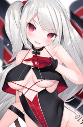 Rule 34 | 1girl, :d, azur lane, bare shoulders, black collar, black one-piece swimsuit, blurry, blurry background, blush, breasts, cisyo, collar, collarbone, commentary request, cowboy shot, cross, flag, gloves, groin, hair between eyes, head tilt, heart, highres, iron cross, leg tattoo, looking at viewer, medium breasts, mole, mole under eye, number tattoo, one-piece swimsuit, one side up, open mouth, red eyes, red gloves, sidelocks, silver hair, smile, solo, standing, swimsuit, tattoo, u-410 (azur lane), underboob, unzipping, zipper, zipper pull tab