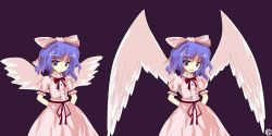 Rule 34 | 2girls, alphes (style), arms behind back, blue eyes, blue hair, bow, female focus, hair bow, kaoru (gensou yuugen-an), mai (touhou), multiple girls, mystic square, parody, short hair, simple background, smirk, style parody, touhou, touhou (pc-98), wings, witch