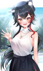 Rule 34 | 1girl, absurdres, animal ears, bare arms, bare shoulders, beret, black hair, black hat, black skirt, braid, breasts, brown eyes, cleavage, commentary request, hair ornament, hairclip, halterneck, hat, high-waist skirt, highres, hololive, long hair, looking at viewer, low ponytail, medium breasts, miniskirt, multicolored hair, namagome negi, ookami mio, ookami mio (street), open mouth, outstretched hand, red hair, see-through, shirt, side braid, skirt, sleeveless, sleeveless shirt, smile, solo, streaked hair, very long hair, virtual youtuber, waving, white shirt, wolf ears, wolf girl