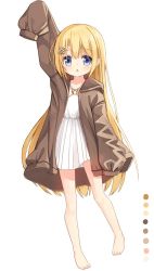 Rule 34 | 1girl, arm up, barefoot, blonde hair, blue eyes, brown jacket, color guide, commentary request, dress, flower girl (yuuhagi (amaretto-no-natsu)), full body, hair between eyes, hair ornament, hairclip, hood, hood down, hooded jacket, jacket, long hair, long sleeves, o-ring, o-ring dress, open clothes, open jacket, original, puffy long sleeves, puffy sleeves, simple background, sleeves past wrists, solo, standing, standing on one leg, very long hair, white background, white dress, x hair ornament, yuuhagi (amaretto-no-natsu)