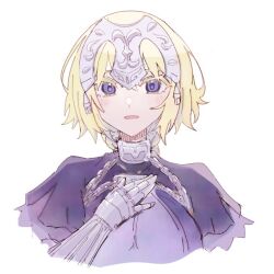Rule 34 | 1girl, akuterasu, blonde hair, blue eyes, blush, capelet, chain, collar, fate/grand order, fate (series), gauntlets, headpiece, jeanne d&#039;arc (fate), jeanne d&#039;arc (ruler) (fate), looking at viewer, metal collar, purple capelet, simple background, smile, solo, white background