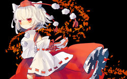 Rule 34 | 1girl, :o, animal ears, black background, blush, breasts, detached sleeves, hat, hiyuu (hiyualice), inubashiri momiji, leaf, red eyes, short hair, silver hair, skirt, small breasts, solo, tail, tokin hat, touhou, wolf ears, wolf tail