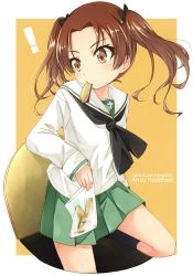 Rule 34 | !, 10s, 1girl, bag, blush, bow, brown eyes, brown hair, character name, commentary request, copyright name, food, food in mouth, girls und panzer, green skirt, hair bow, hatch, kadotani anzu, ooarai school uniform, parted bangs, plastic bag, pleated skirt, school uniform, simple background, skirt, solo, sweet potato, twintails, umino mokuzu (shizumisou), yellow background