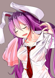 Rule 34 | 1girl, animal ears, breasts, collarbone, closed eyes, hand in own hair, highres, large breasts, long hair, nama shirasu, necktie, no bra, purple hair, rabbit ears, reisen udongein inaba, see-through, shirt, solo, sweat, touhou, towel, upper body, very long hair, wet, wet clothes, wet shirt