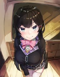 Rule 34 | 1girl, ai ai gasa, black hair, blue eyes, bow, bowtie, braid, breast hold, breasts, buttons, chalkboard, classroom, commentary, fisheye, french braid, frilled skirt, frills, hair ornament, hairclip, half updo, heart, highres, indoors, jacket, large breasts, leaning forward, long hair, long sleeves, looking at viewer, natori youkai, nijisanji, pink bow, pink bowtie, plaid, plaid skirt, school, school uniform, skirt, smile, solo, standing, thighhighs, tsukino mito, tsukino mito (1st costume), v-shaped eyebrows, virtual youtuber, white thighhighs, wooden floor