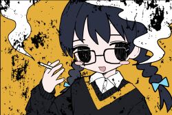Rule 34 | 1girl, between fingers, black eyes, black hair, black sweater, blush stickers, braid, cigarette, commentary, dress shirt, glasses, hand up, highres, holding, holding cigarette, long sleeves, looking at viewer, medium hair, no pupils, open mouth, original, shii595, shirt, shirt under sweater, smile, smoke trail, solo, sweater, symbol-only commentary, twin braids, upper body, white shirt, yellow background